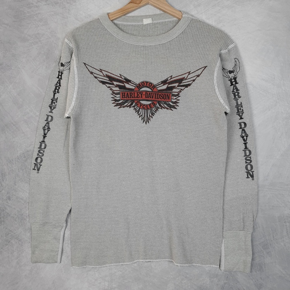 Vintage Harley-Davidson Shirt Mens Medium Gray Thermal Long Sleeve Tee Made USA